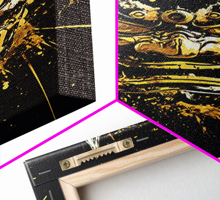 Demon Mask Gold Canvas Print, Fierce Samurai Style Art, Splatter Wall Decor, Real Wood Frame, Bold Statement Artwork