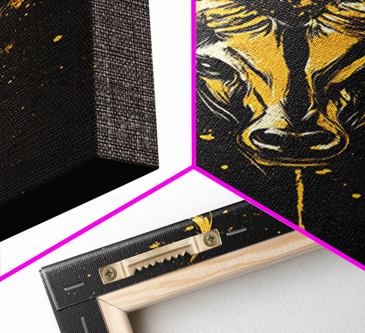 Antelope Head Gold Canvas Print, Wildlife Art, Splatter Animal Decor, Real Wood Frame, Bold Tribal Inspired Artwork