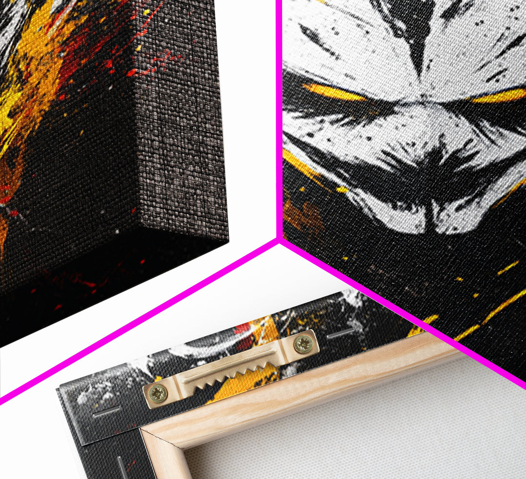 Intense Mask Artwork,Modern Abstract Wall Decor,Real Wood Frame,Bold Fiery Art,Striking Vibrant Statement Piece