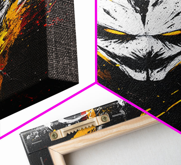 Intense Mask Artwork,Modern Abstract Wall Decor,Real Wood Frame,Bold Fiery Art,Striking Vibrant Statement Piece