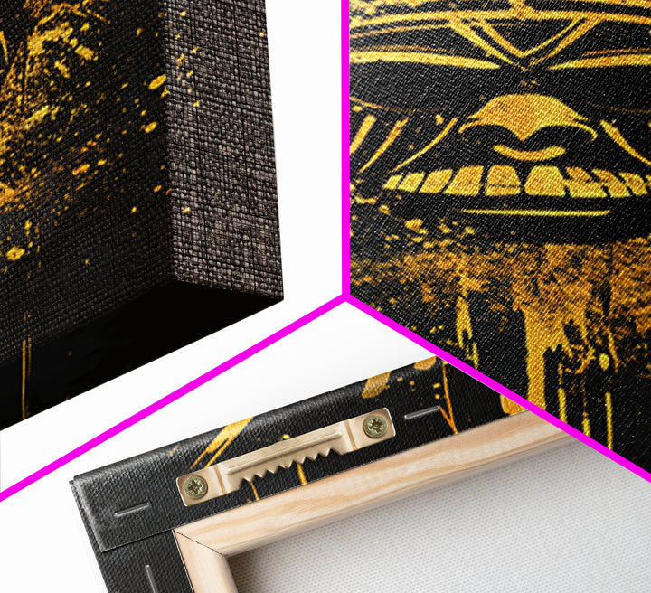 Tribal Sun Mask Gold Canvas Print, Bold Wall Art With Real Wood Frame, Cultural Decor, Splatter Style Artwork