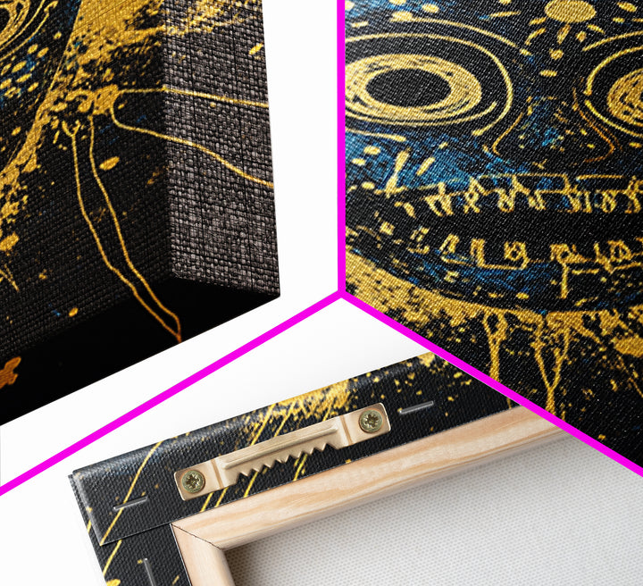 Cosmic Tribal Mask Gold Canvas Print, Unique Wall Art With Real Wood Frame, Ethnic Decor, Bold Splatter Artwork