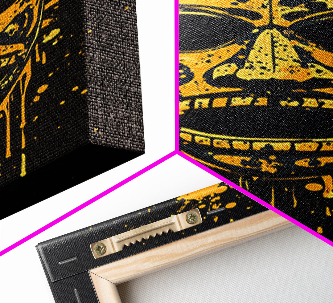 Traditional Tribal Mask Gold Canvas Print, Splatter Style Wall Art With Real Wood Frame, Cultural Decor Accent