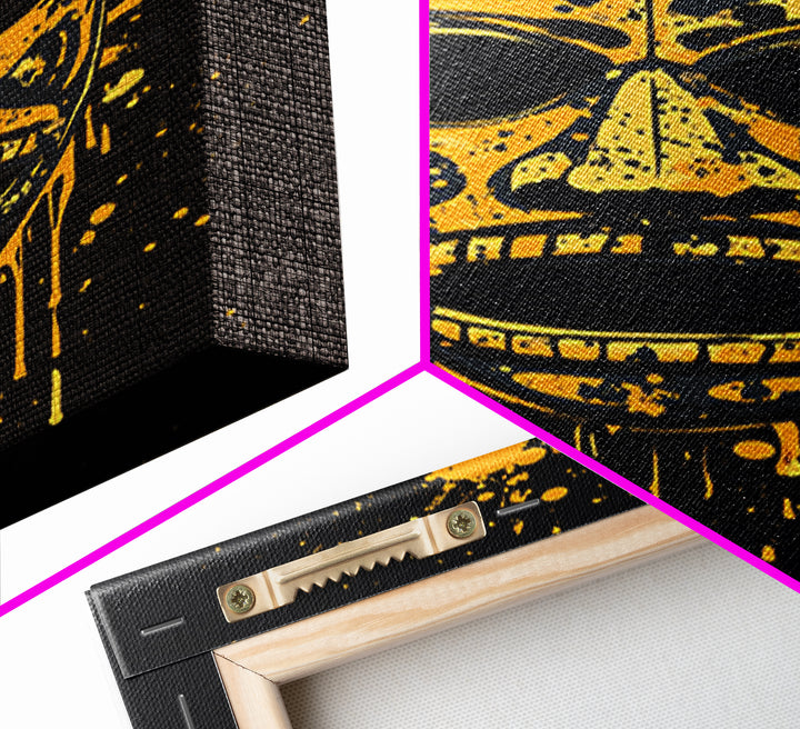Traditional Tribal Mask Gold Canvas Print, Splatter Style Wall Art With Real Wood Frame, Cultural Decor Accent