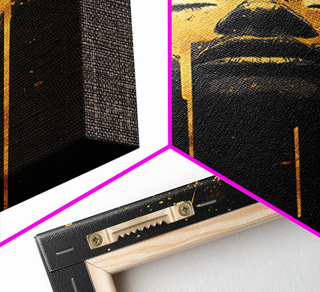 Golden Face Gold Canvas Art, Modern Wall Print With Real Wood Frame, Abstract Portrait, Splatter Style Cultural Decor