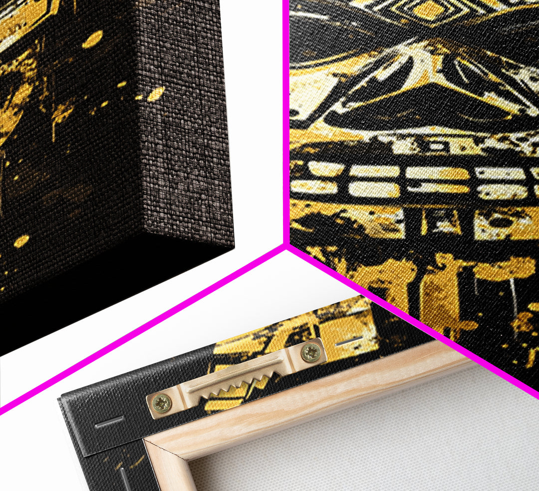 Ancient Warrior Mask Gold Canvas Print, Bold Wall Art With Real Wood Frame, Cultural Splatter Style Home Decor