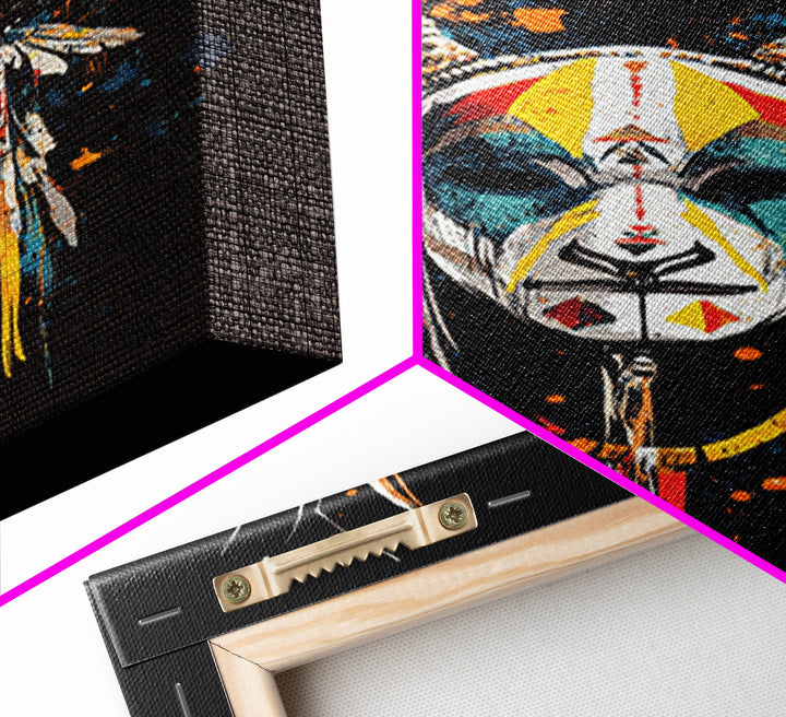Deer Horn Mask Gold Canvas Print, Tribal Wall Art With Real Wood Frame, Ethnic Splatter Style Bold Wall Accent