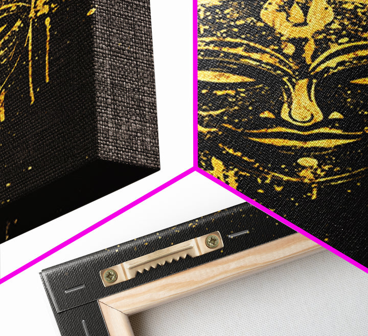 Mystical Goddess Mask Gold Canvas Art, Cultural Wall Print With Real Wood Frame, Splatter Style Decor For Bold Homes