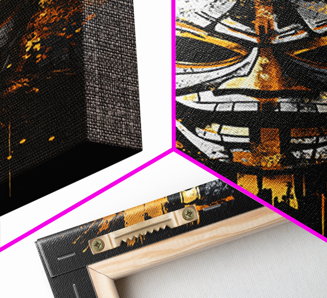 Tribal Warrior Mask Gold Canvas Print, Fierce Mask Art, Bold Wall Decor, Real Wood Frame, Dramatic Splatter Effect Artwork