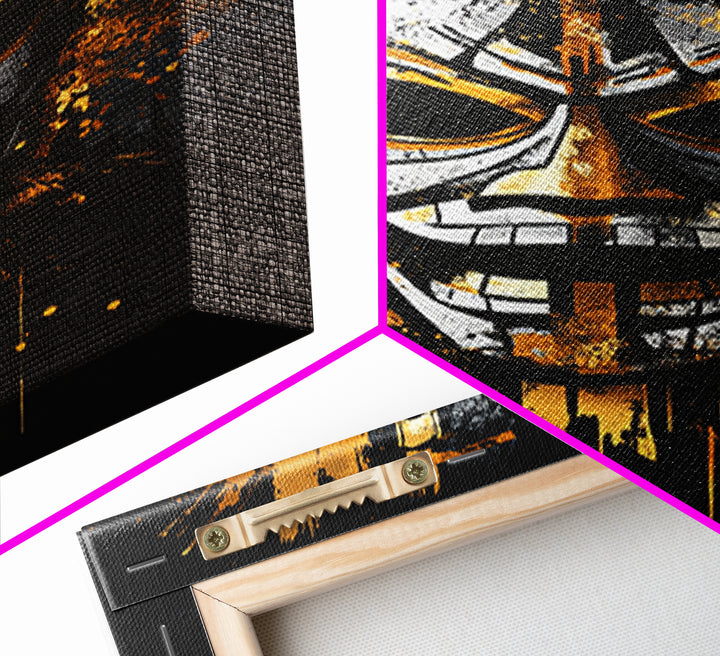 Tribal Warrior Mask Gold Canvas Print, Fierce Mask Art, Bold Wall Decor, Real Wood Frame, Dramatic Splatter Effect Artwork