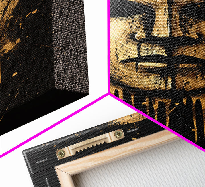 Ancient Warrior Mask Gold Canvas Print, Bold Tribal Decor, Striking Wall Art, Real Wood Frame, Splatter Effect Modern Artwork