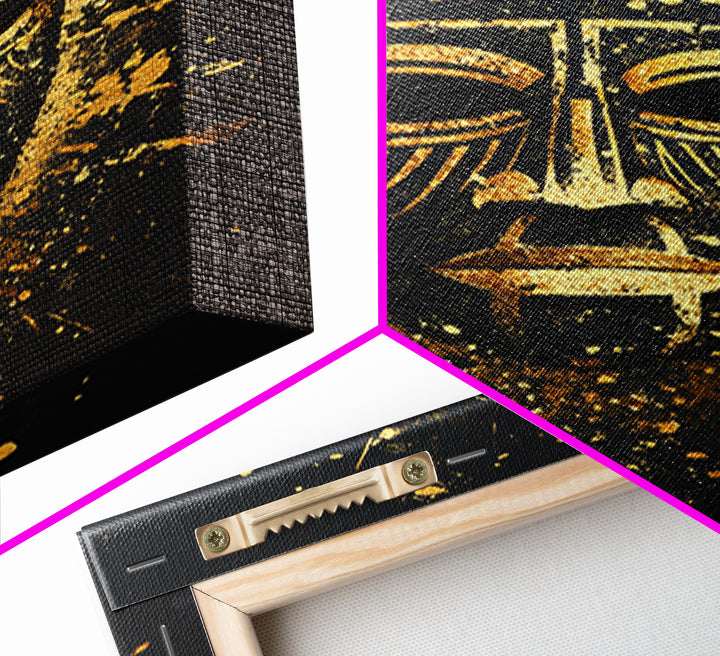 Mystical Tribal Mask Gold Canvas Print, Abstract Wall Art, Bold Statement Decor, Real Wood Frame, Unique Splatter Inspired Artwork