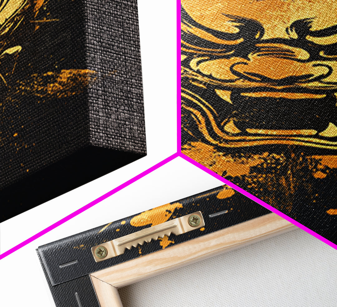 Mythical Dragon Face Gold Canvas Print, Asian Inspired Art, Fierce Wall Decor, Real Wood Frame, Splatter Style Statement Artwork