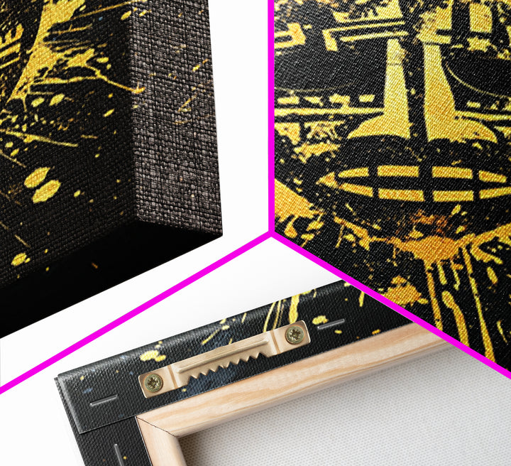 Tribal Mask Gold Canvas Print, Ethnic Wall Art, Real Wood Frame, Splatter Abstract Face Decor, Modern Tribal Home Accent