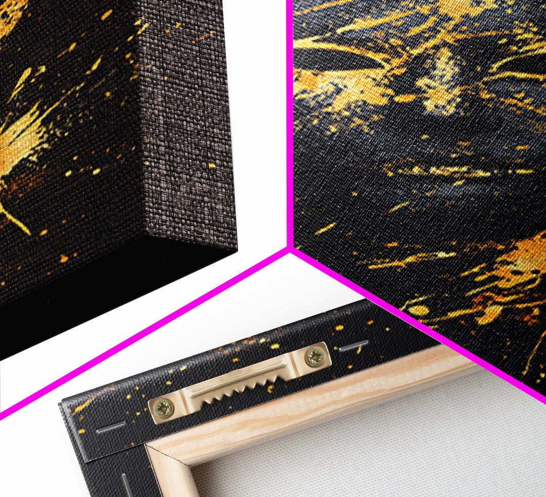 Mystical Face Gold Canvas Print, Tribal Mask Art, Real Wood Frame, Splatter Abstract Decor, Cultural Ethnic Wall Accent