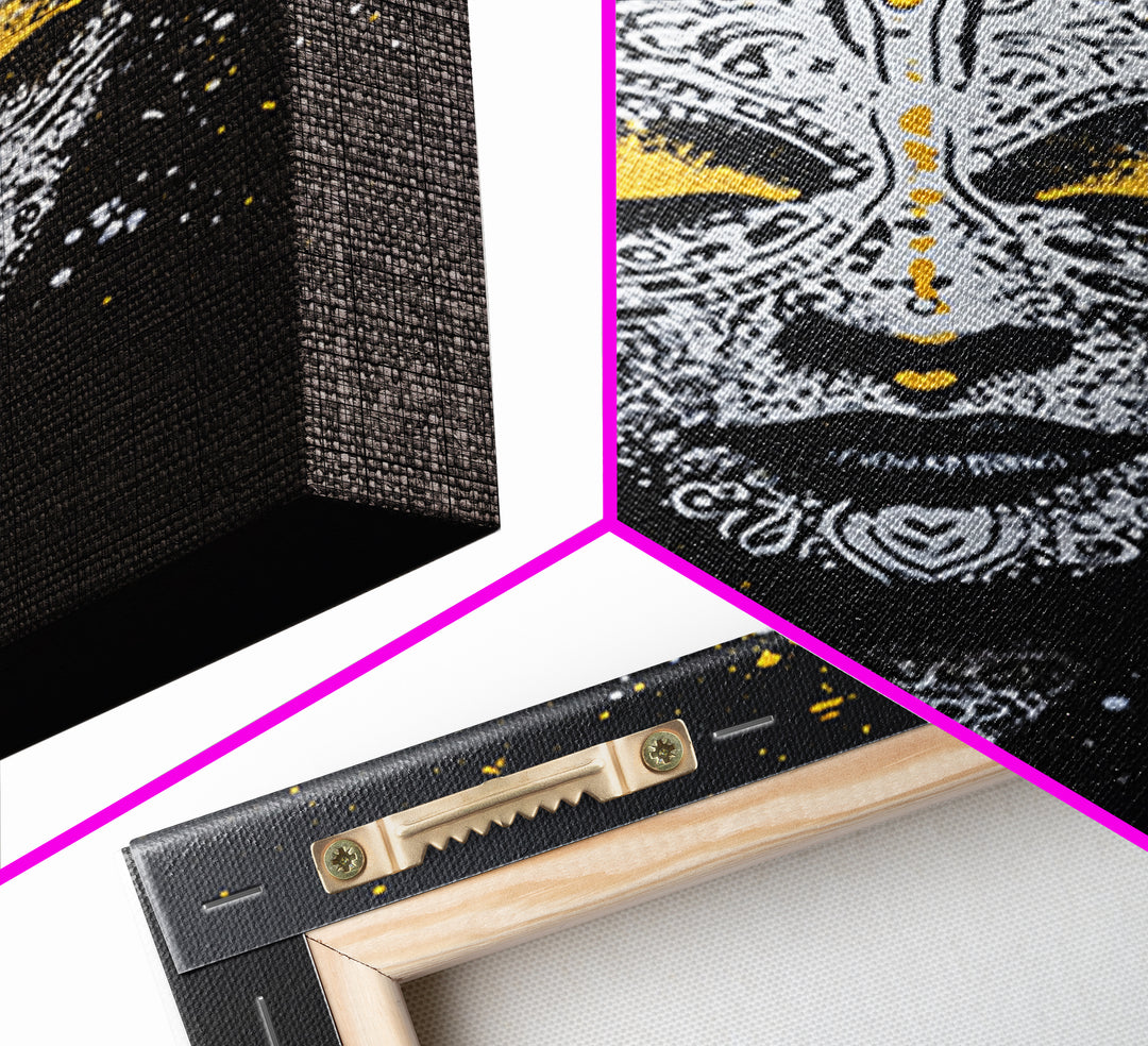 Demon Mask Gold Canvas Print, Tribal Wall Art, Real Wood Frame, Mythical Splatter Art, Cultural Home Decor Accent