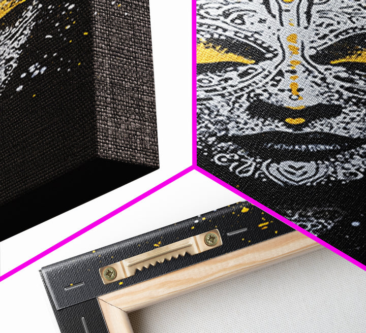 Demon Mask Gold Canvas Print, Tribal Wall Art, Real Wood Frame, Mythical Splatter Art, Cultural Home Decor Accent