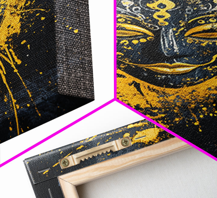 Sacred Mask Gold Canvas Print, Ethnic Wall Art, Real Wood Frame, Mystical Splatter Portrait, Tribal Inspired Home Decor