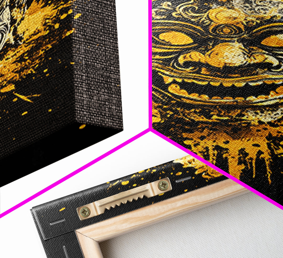 Ornamental Face Gold Canvas Print, Tribal Mask Wall Art, Real Wood Frame, Ethnic Splatter Decor, Cultural Portrait Artwork
