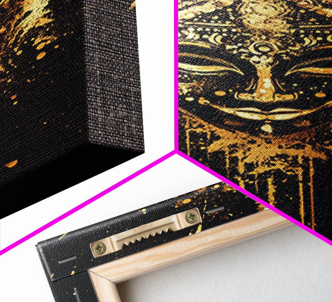 Decorative Mask Gold Canvas Print, Tribal Wall Art, Real Wood Frame, Splatter Abstract Portrait, Ethnic Cultural Accent