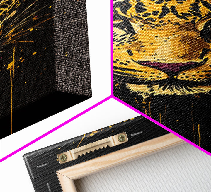 Leopard Portrait Gold Canvas Print, Tribal Animal Art, Real Wood Frame, Splatter Wildlife Decor, Bold Exotic Jungle Artwork