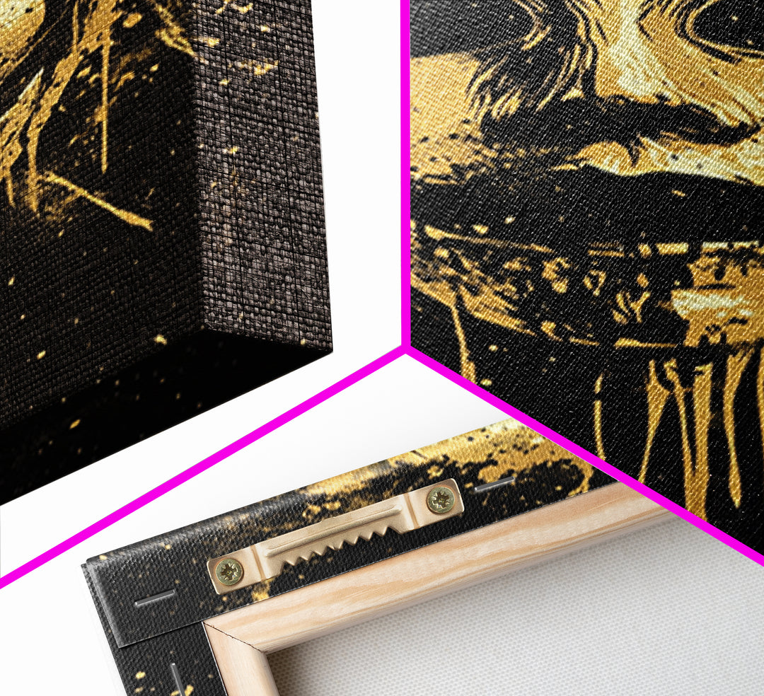 Tribal Mask Splatter Art, Gold Canvas Print, Abstract Ethnic Wall Decor, Real Wood Frame, Modern Warrior Artwork