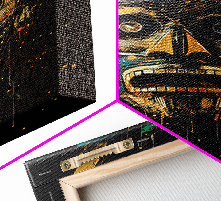 Abstract Splatter Mask Face, Gold Canvas Print, Modern Tribal Wall Art, Real Wood Frame, Contemporary Statement Decor