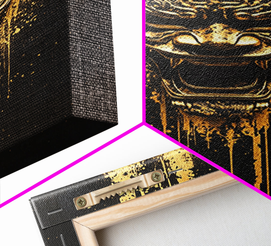Spartan Warrior Helmet Splatter Art, Gold Canvas Print, Historical Wall Decor, Real Wood Frame, Ancient Warrior Artwork