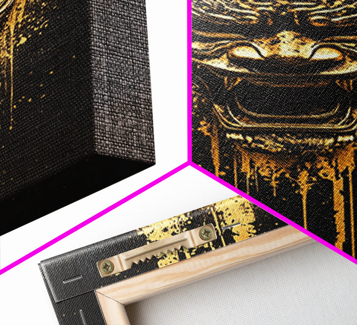 Spartan Warrior Helmet Splatter Art, Gold Canvas Print, Historical Wall Decor, Real Wood Frame, Ancient Warrior Artwork