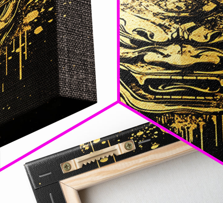 Mythical Demon Splatter Mask, Gold Canvas Print, Bold Wall Art, Real Wood Frame, Fierce Cultural Decor
