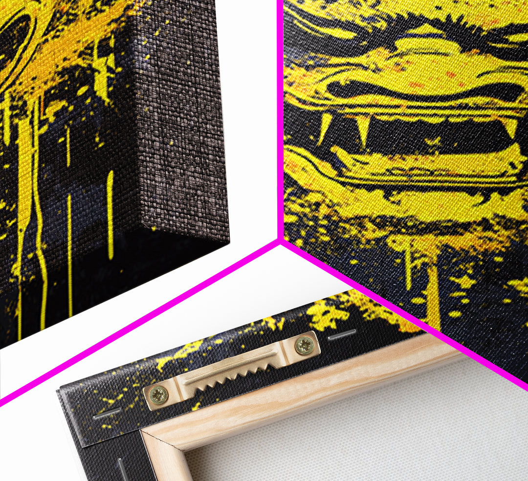 Sacred Mask Splatter Art, Gold Canvas Print, Ethnic Spiritual Wall Decor, Real Wood Frame, Mystical Warrior Artwork