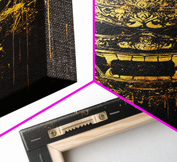 Ornate Splatter Face Mask, Gold Canvas Print, Abstract Cultural Wall Art, Real Wood Frame, Detailed Tribal Artwork