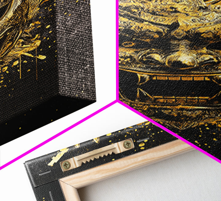 Decorative Tribal Splatter Mask, Gold Canvas Print, Modern Ethnic Wall Decor, Real Wood Frame, Bold Statement Artwork
