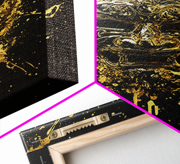 Fierce Demon Mask Gold Canvas Print, Splatter Art Wall Decor, Mythical Wall Art, Real Wood Frame, Tribal Home Accent
