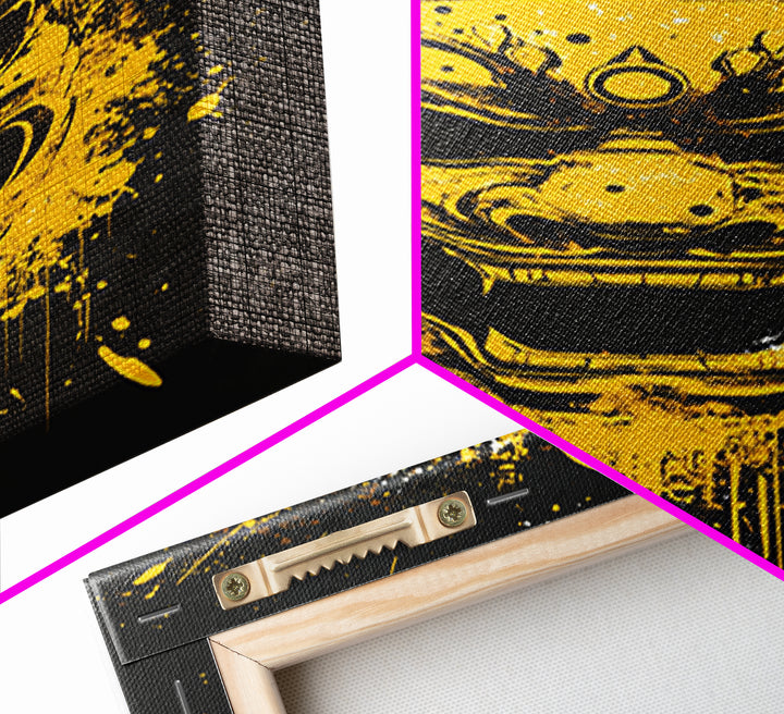 Ancient Warrior Mask Gold Canvas Print, Splatter Style Wall Decor, Bold Wall Art, Real Wood Frame, Mythical Home Accent