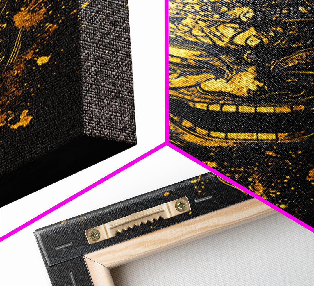 Mythical Demon Mask Gold Canvas Print, Splatter Style Wall Decor, Tribal Inspired Wall Art, Real Wood Frame, Bold Home Accent