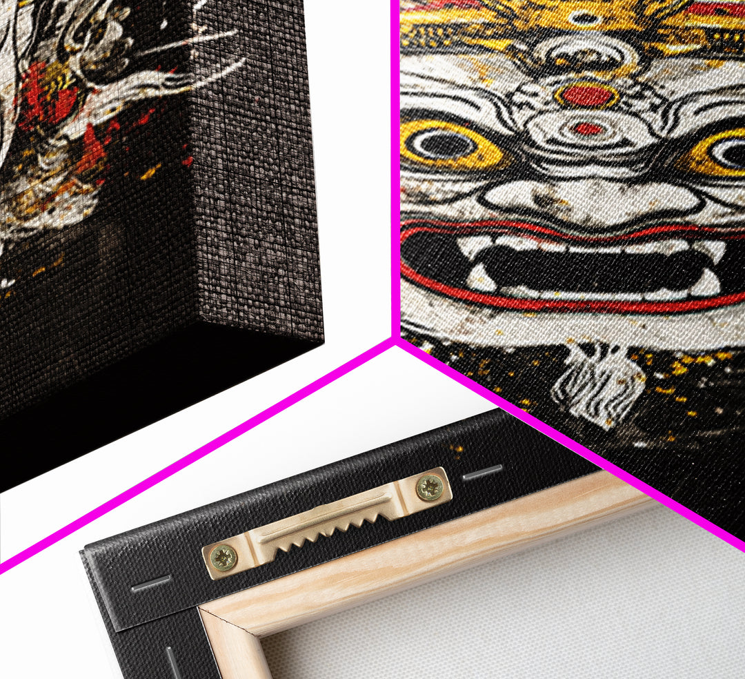 Balinese Mask Gold Canvas Print, Splatter Art Wall Decor, Mythical Cultural Wall Art, Real Wood Frame, Tribal Home Accent