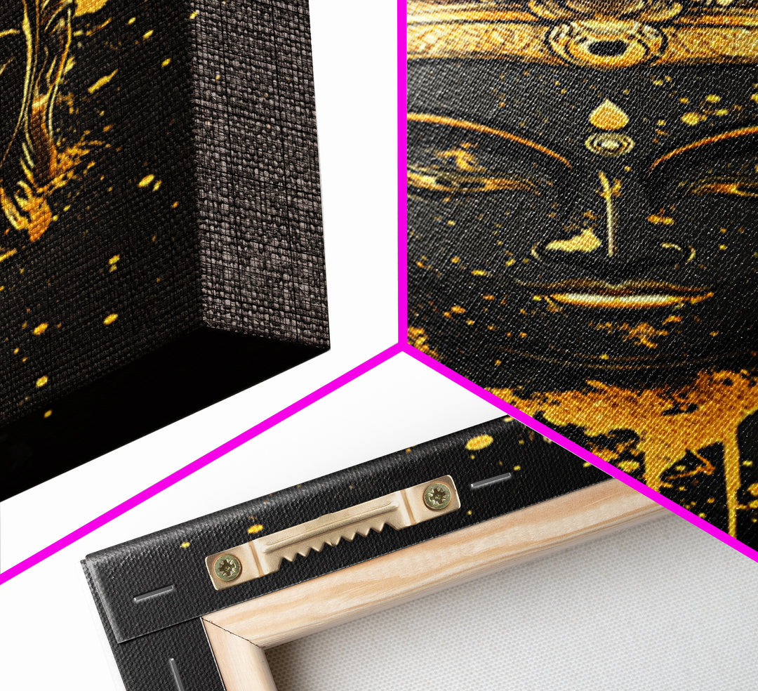 Buddha Head Gold Canvas Print, Sacred Splatter Style Wall Decor, Spiritual Wall Art, Real Wood Frame, Tranquil Home Accent