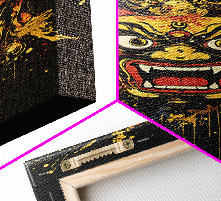 Fierce Mask Gold Canvas Print, Splatter Art Wall Decor, Bold Tribal Mythical Face Art, Real Wood Frame, Statement Home Accent