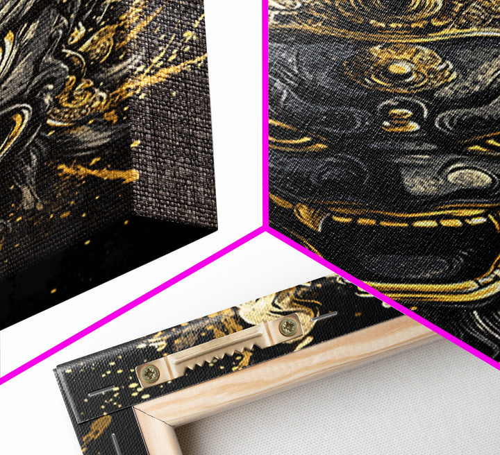Intricate Demon Mask Gold Canvas Print, Splatter Style Wall Decor, Fierce Mythical Face Art, Real Wood Frame, Tribal Accent
