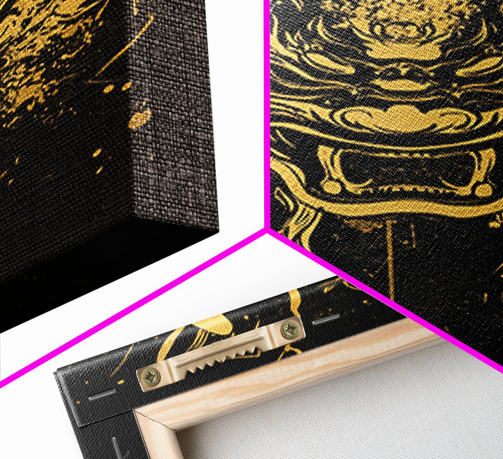 Samurai Demon Mask Gold Canvas Print, Splatter Style Wall Decor, Warrior Inspired Wall Art, Real Wood Frame, Tribal Home Accent