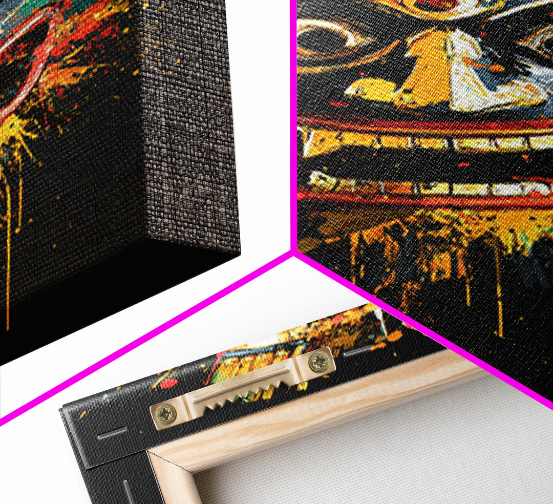 Aztec Warrior Mask Gold Canvas Print, Tribal Wall Art, Splatter Style Decor, Real Wood Frame, Bold Statement Piece
