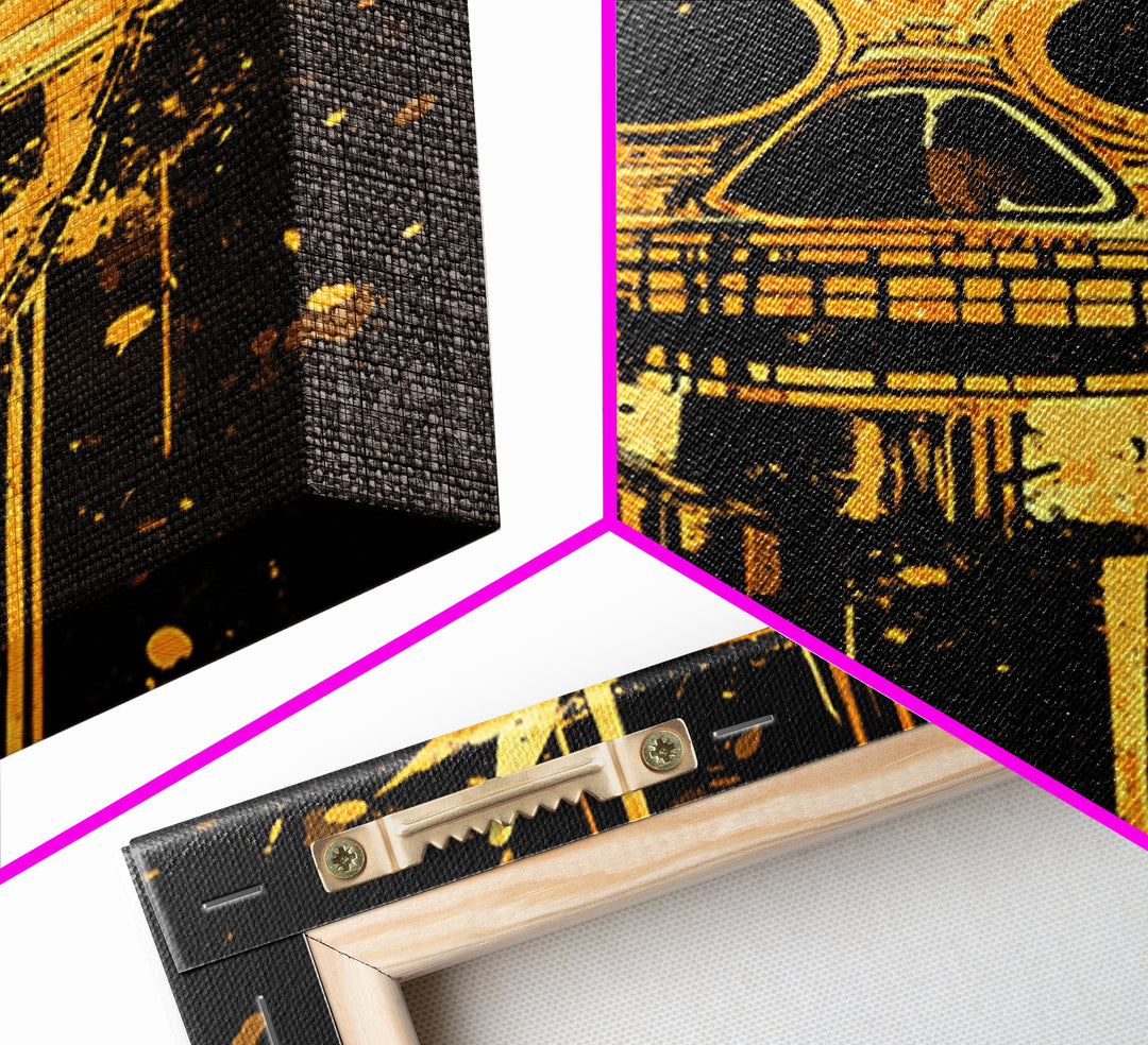 Inca Sun God Mask Gold Canvas Print, Ancient Tribal Wall Art, Splatter Ink Style, Real Wood Frame, Bold Home Decor