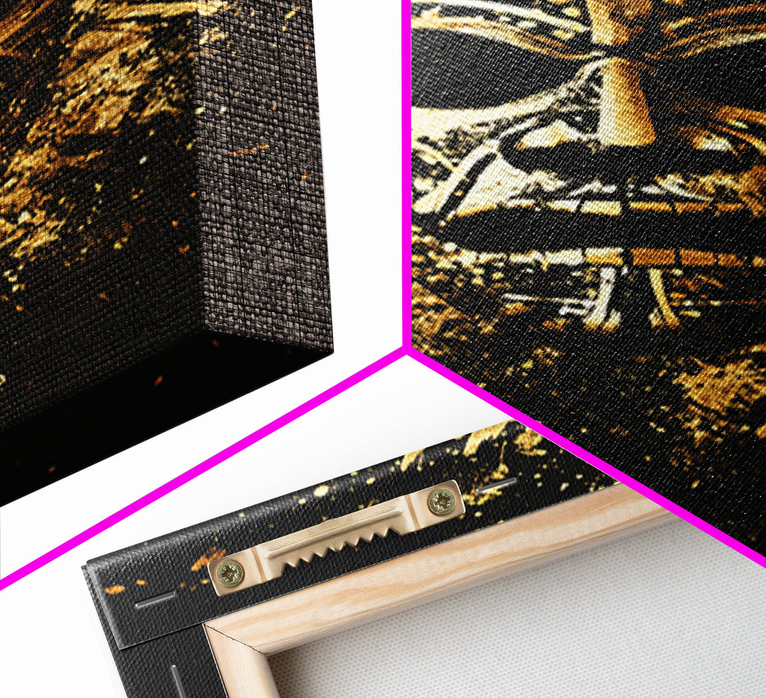 Mayan Ritual Mask Gold Canvas Print, Ancient Tribal Wall Art, Splatter Paint Style, Real Wood Frame, Bold Statement Decor
