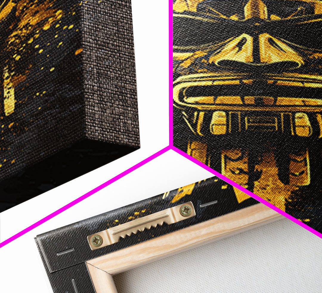Aztec Chief Mask Gold Canvas Print, Tribal Heritage Wall Art, Splatter Ink Style, Real Wood Frame, Striking Home Accent