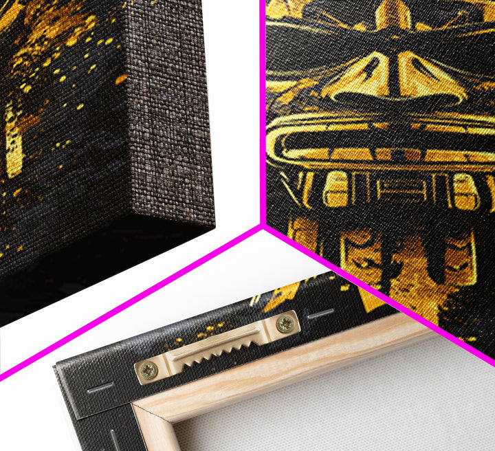 Aztec Chief Mask Gold Canvas Print, Tribal Heritage Wall Art, Splatter Ink Style, Real Wood Frame, Striking Home Accent