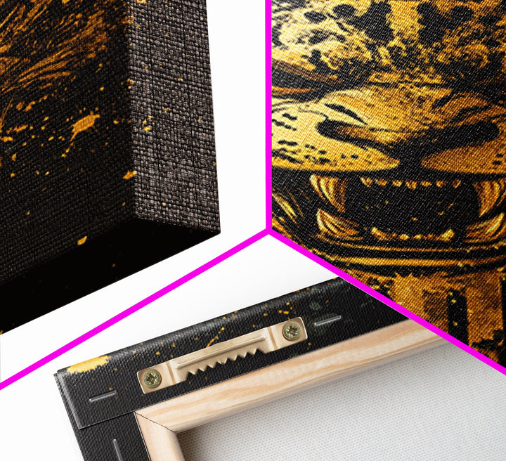 Jaguar Warrior Gold Canvas Print, Aztec Animal Spirit Wall Art, Splatter Ink Style, Real Wood Frame, Fierce Tribal Decor