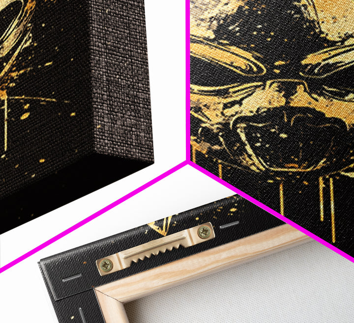 Dog Spirit Mask Gold Canvas Print, Tribal Guardian Wall Art, Splatter Style Ink, Real Wood Frame, Fierce Bold Home Decor