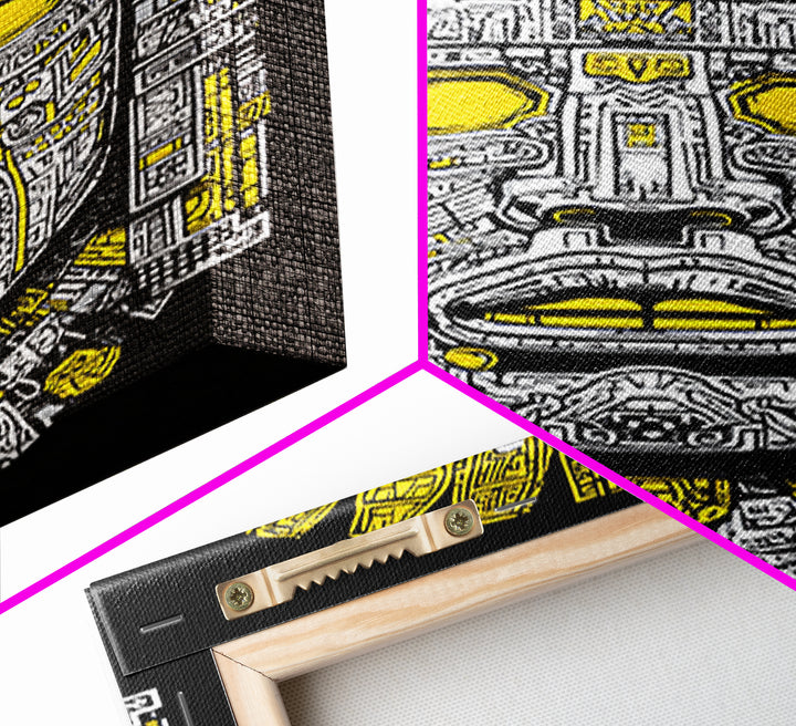 Aztec Sun Mask Gold Canvas Print, Bold Tribal Face Artwork, Ancient Splatter Style Wall Decor, Real Wood Frame