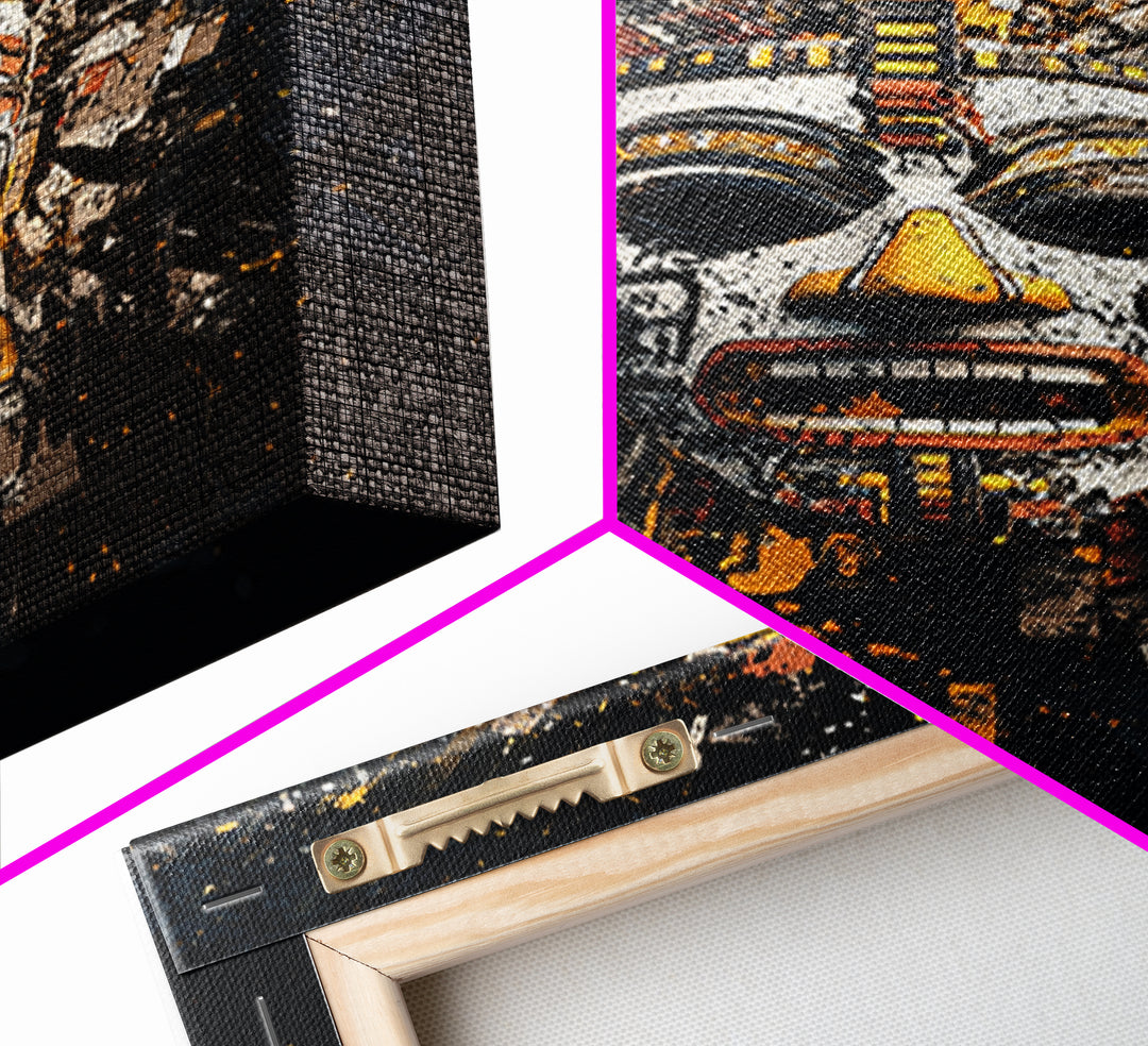 Aztec Feather Headdress Gold Canvas Print, Ornate Tribal Face Artwork, Mythic Wall Decor, Real Wood Frame